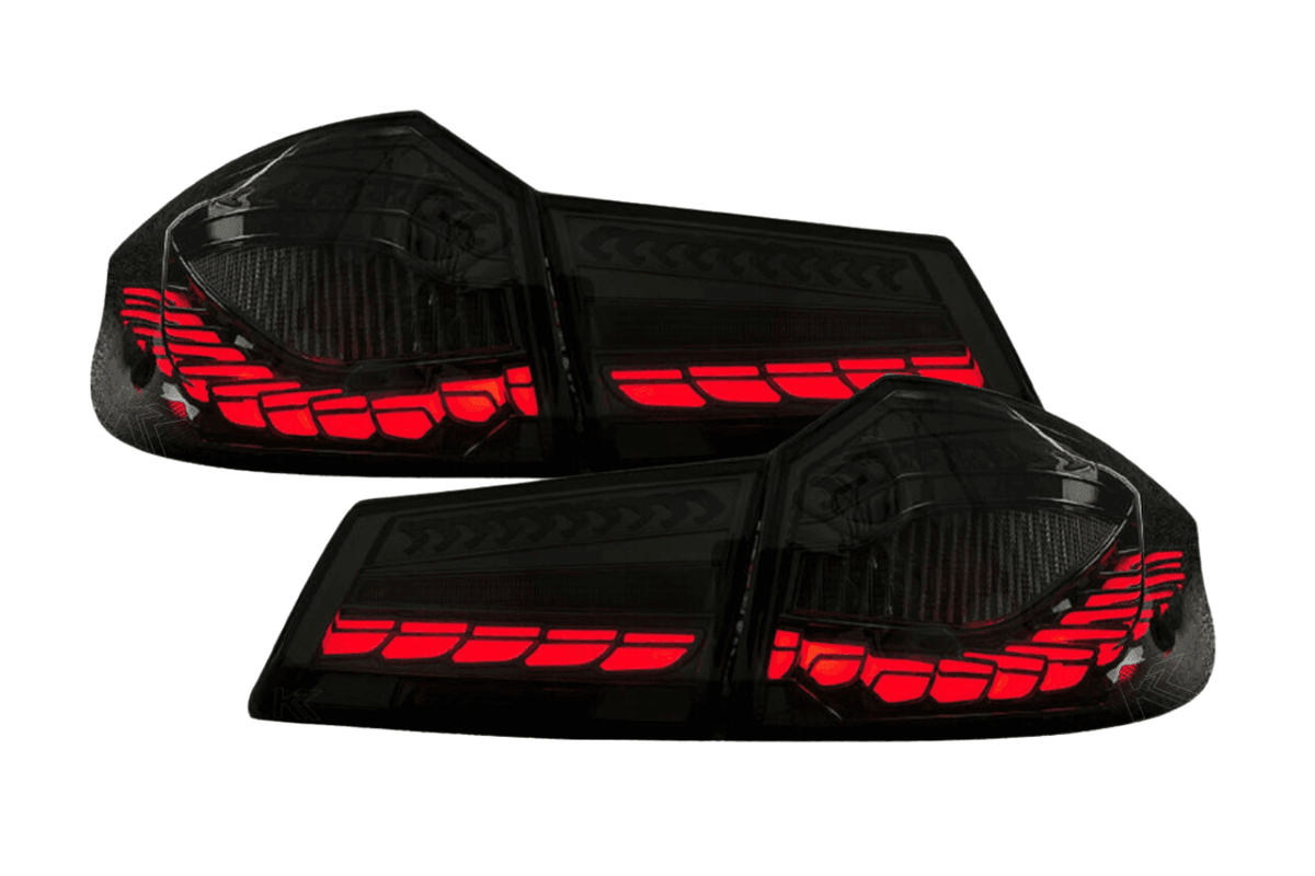 BMW 5-Series G30 G38 M5 tail lights with dragon scale OLED style, featuring sleek design and vibrant lighting from K2 Industries.