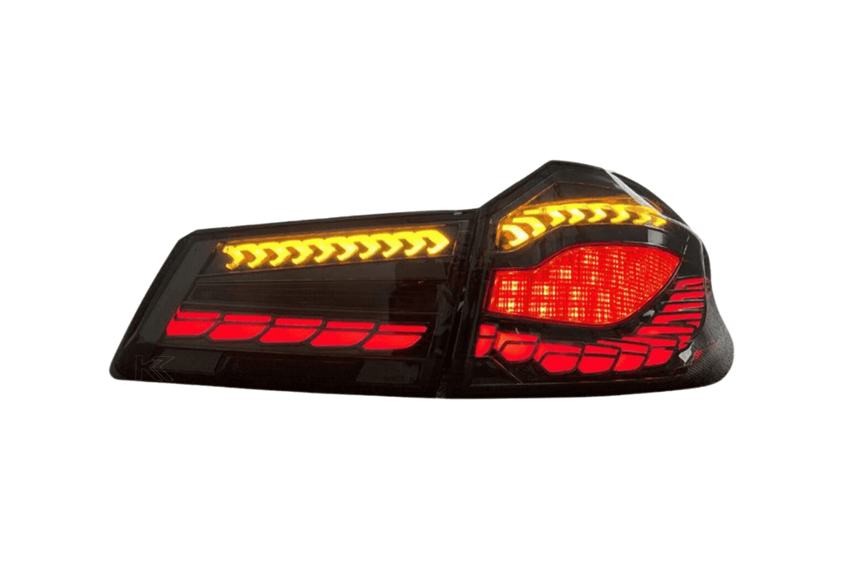 BMW 5-Series G30 G38 M5 tail lights with dragon scale OLED style, black housing, and LED illumination from K2 Industries.