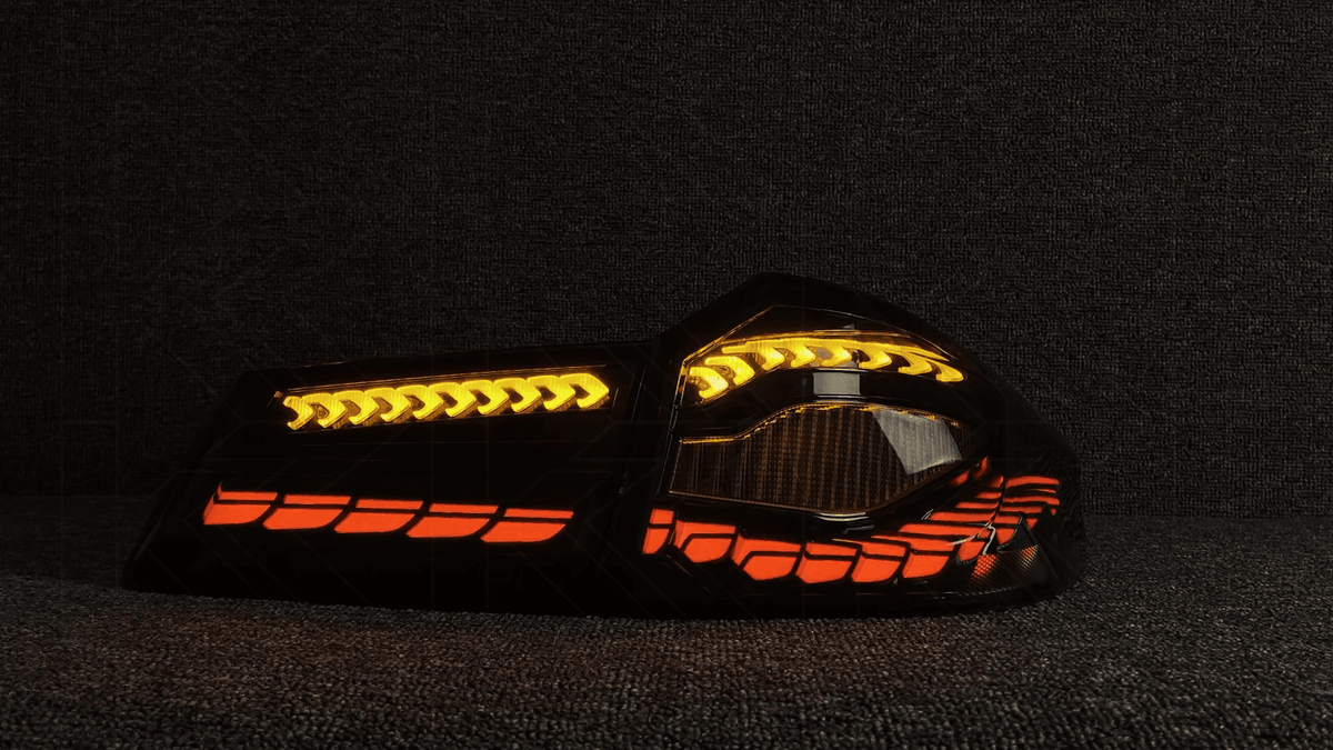 BMW 5-Series G30 G38 M5 tail lights with dragon scale OLED style, black housing, and LED illumination, by K2 Industries.