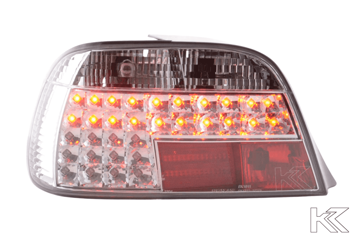 BMW 7-series E38 chrome clear LED tail lights set by K2 Industries, for 1995-2002 model with sleek design and bright illumination.