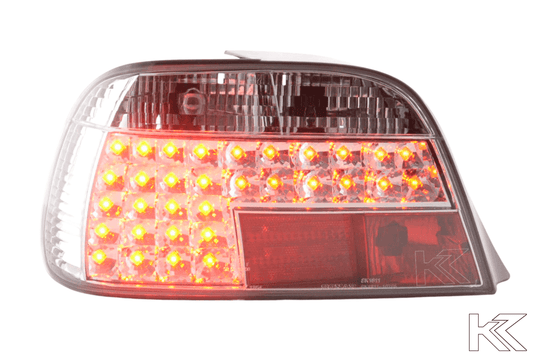 BMW 7-series E38 chrome clear LED tail lights set by K2 Industries, for 1995-2002 model, showing front and side views.