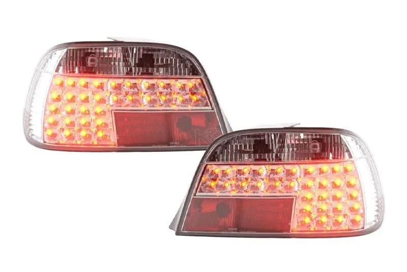 BMW 7-series E38 chrome clear LED tail lights set by K2 Industries, for models 1995-2002, showing the illuminated tail light design.