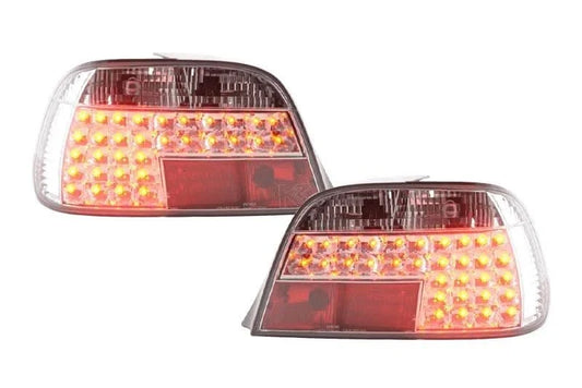 BMW 7-series E38 chrome clear LED tail lights set by K2 Industries, for models 1995-2002, showing the illuminated tail light design.