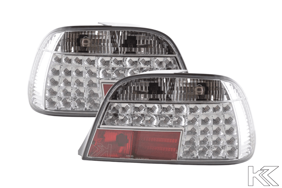 BMW 7-series E38 chrome clear LED tail lights set by K2 Industries, designed for 1995-2002 models, showing sleek taillight assembly.