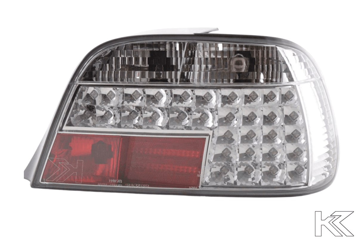 BMW 7-series E38 chrome clear LED taillights set by K2 Industries, showing sleek tail light design for 1995-2002 models.