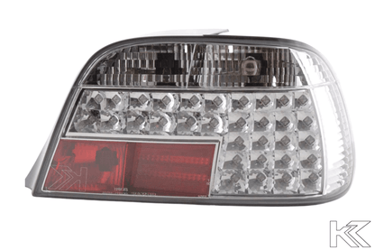 BMW 7-series E38 chrome clear LED taillights set by K2 Industries, showing sleek tail light design for 1995-2002 models.
