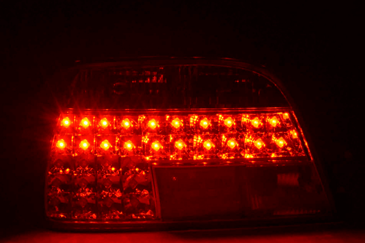 BMW 7-series E38 chrome clear LED tail lights set by K2 Industries, showing sleek tail light design for 1995-2002 models.