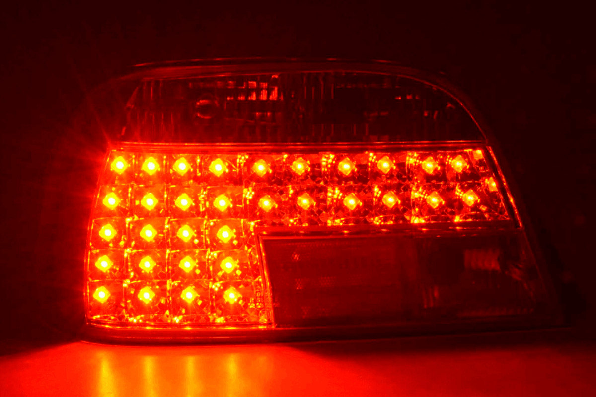 BMW 7-series E38 chrome clear LED tail lights set by K2 Industries, designed for 1995-2002 sedan with modern LED illumination.