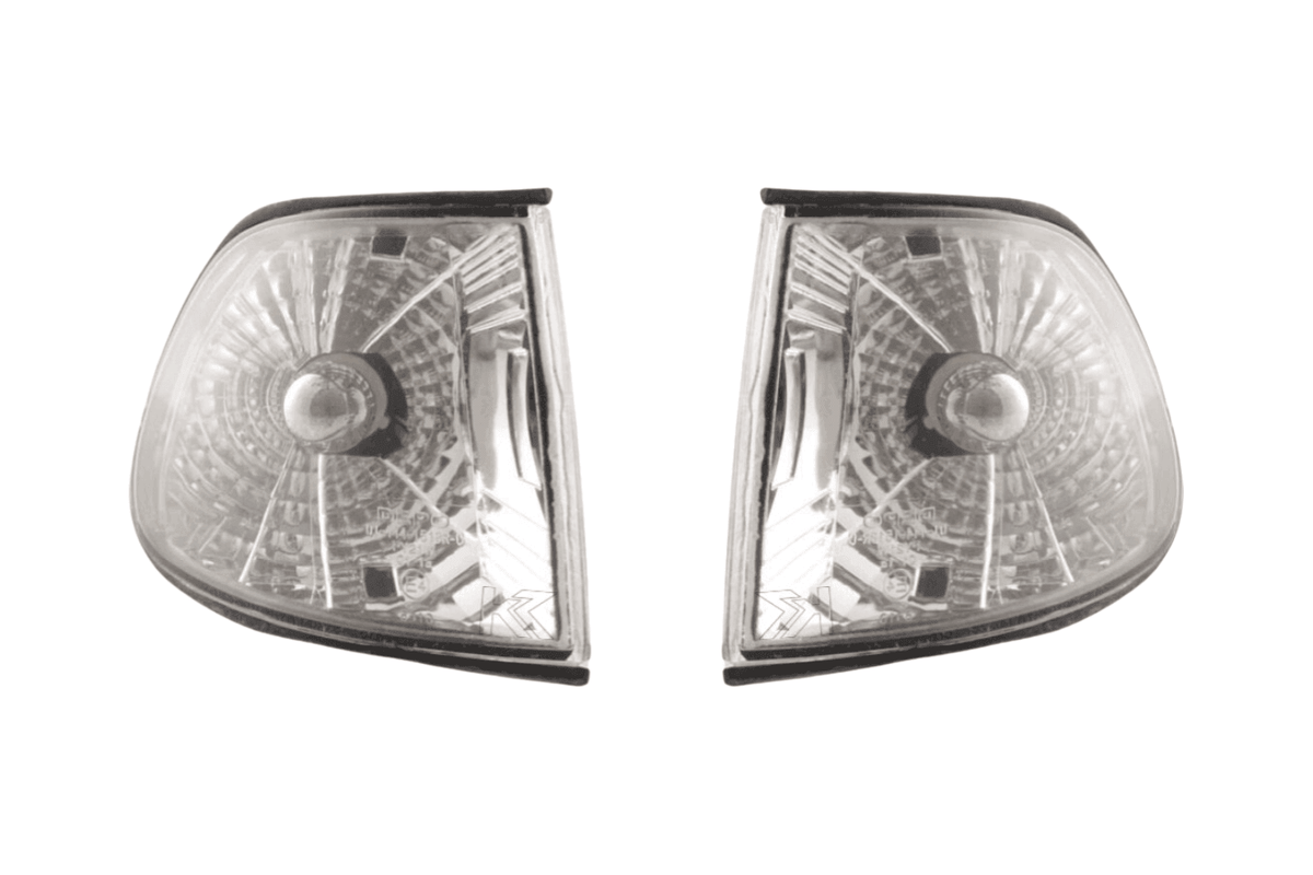 BMW 7-Series E38 clear chrome front corner lights by K2 Industries, for 1994-1998 model with shiny clear chrome finish.