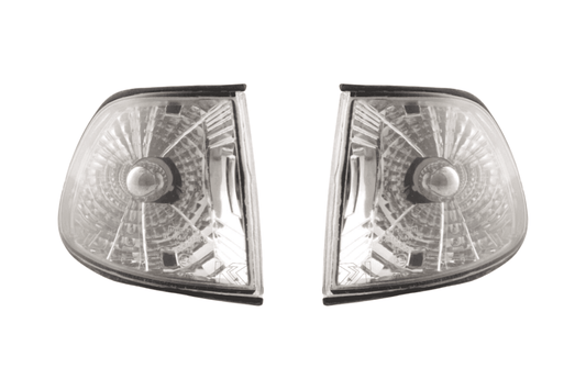 BMW 7-Series E38 clear chrome front corner lights by K2 Industries, for 1994-1998 model with shiny clear chrome finish.