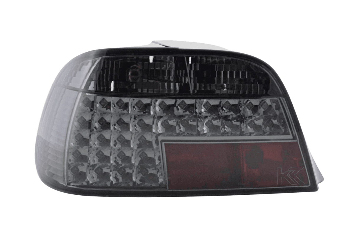 BMW 7-Series E38 clear smoked LED tail lights by K2 Industries, 1994-1998, showing the sleek smoked lens and LED design.