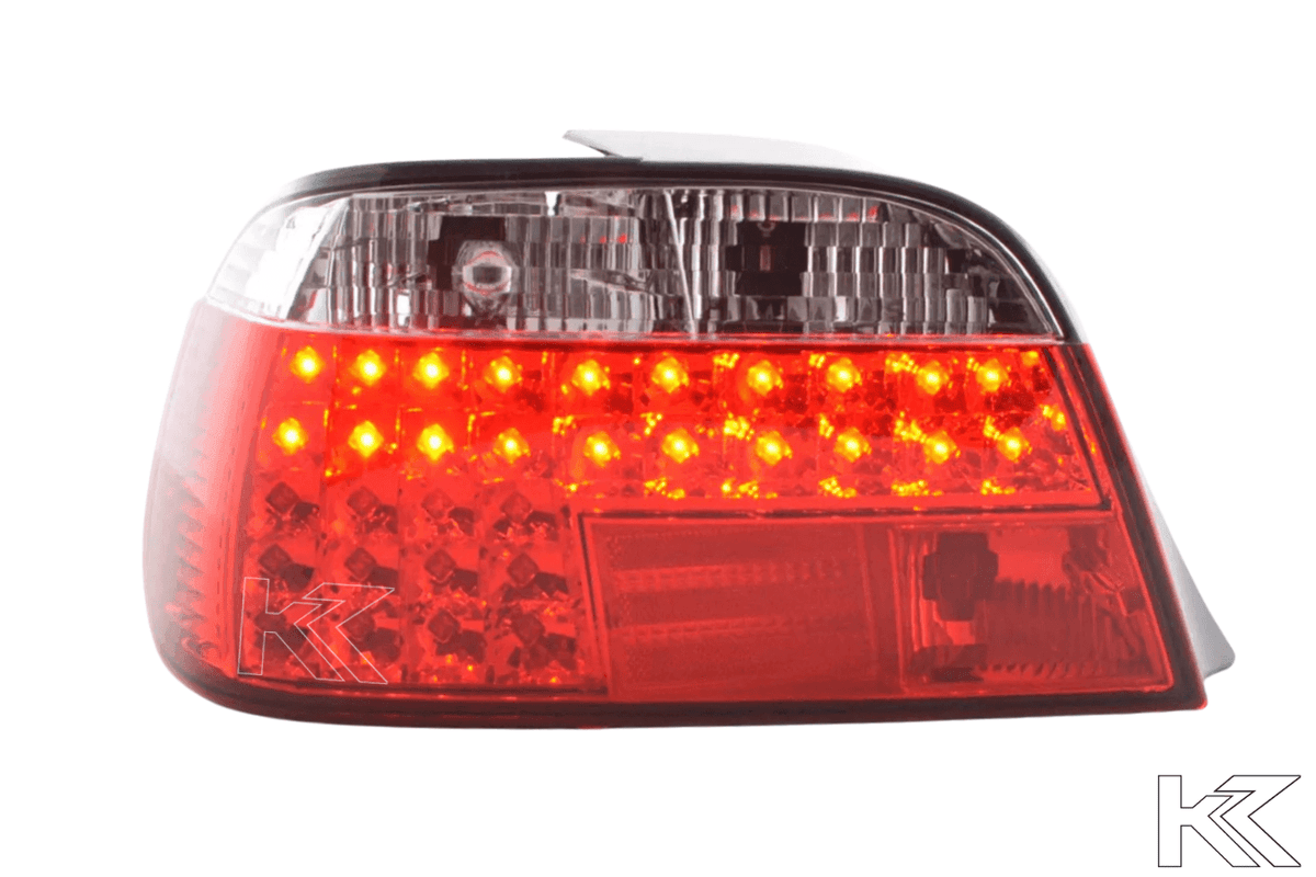 BMW 7-series E38 red LED tail lights set by K2 Industries, showing sleek tail light design for 1995 model.