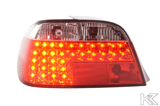 BMW 7-series E38 red LED tail lights set by K2 Industries, showing the sleek design and vibrant red LED lenses.
