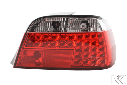 BMW 7-series E38 red LED taillights set by K2 Industries, front and rear view showing sleek tail light design for 1995 model