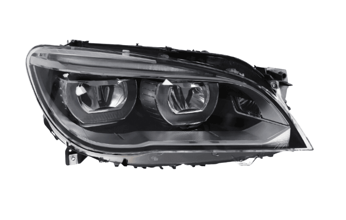 BMW 7 Series F01/F02 headlight upgrade by K2 Industries, 2009-2015, showing sleek automotive headlights with clear lenses.