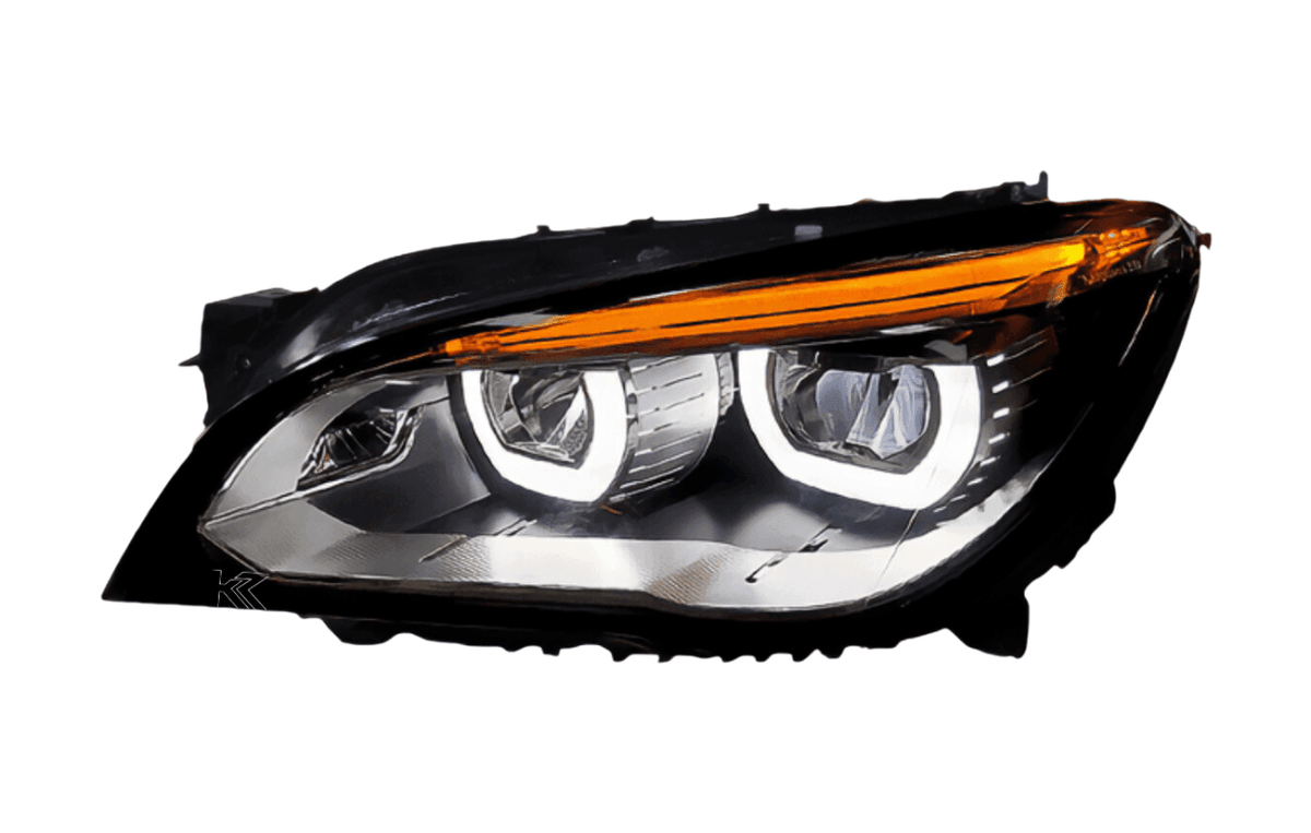 BMW 7 Series F01/F02 headlight upgrade by K2 Industries, 2009-2015, showing modern, clear automotive headlights.