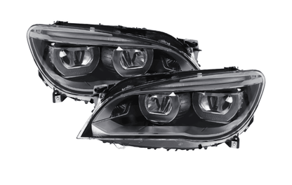 BMW 7 Series F01/F02 headlight upgrade by K2 Industries, showing sleek OE style headlights for 2009-2015 models.