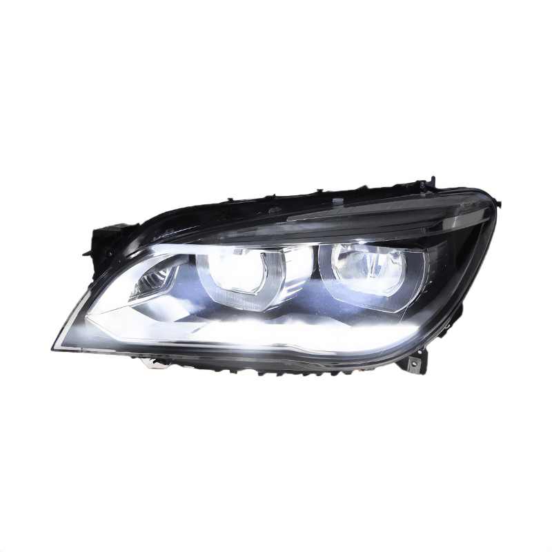 BMW 7 Series F01/F02 headlight upgrade by K2 Industries, 2009-2015, showing sleek automotive headlights on the vehicle.