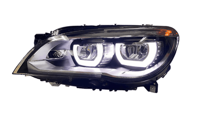BMW 7 Series F01/F02 headlight upgrade by K2 Industries, 2009-2015, showing sleek automotive headlights with modern design.