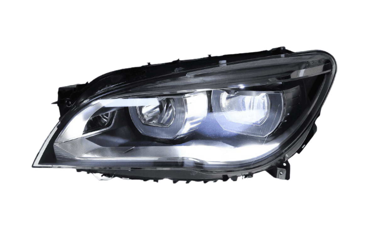 BMW 7 Series F01/F02 headlight upgrade by K2 Industries, 2009-2015, showing sleek, modern headlight design with clear lens and LED accents.