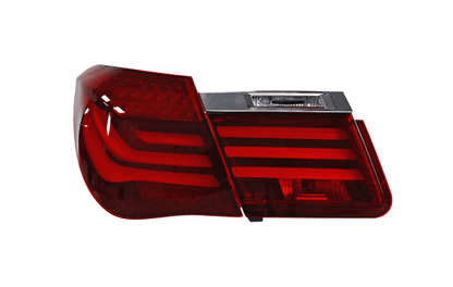 BMW 7-Series F02 red tail lights by K2 Industries, rear view showing LED design for 2009-2015 models