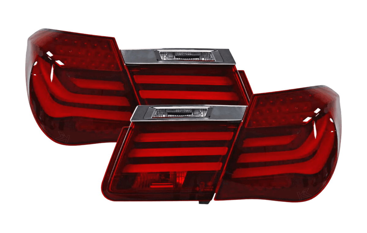 BMW 7-Series F02 red tail lights by K2 Industries, designed for 2009-2015 model with clear lens and LED light elements.
