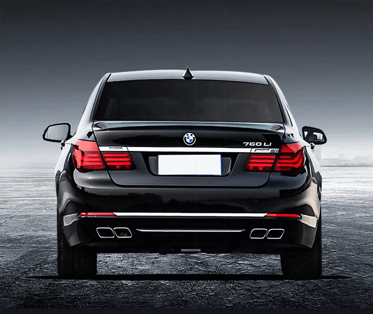 BMW 7-Series F02 red tail lights by K2 Industries, showing the illuminated rear lights on a 2009-2015 model.