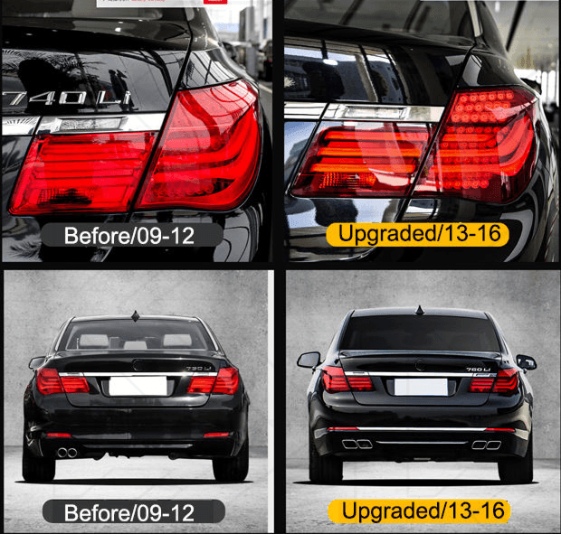 BMW 7-Series F02 red tail lights by K2 Industries, 2009-2015, showing the illuminated rear tail light assembly.