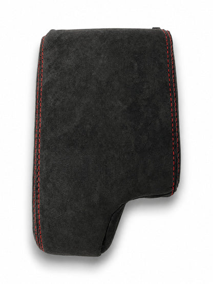 Charcoal black Alcantara BMW E36 E46 center console armrest cover by JTS Custom Upholstery, fits 1994-2006 models.