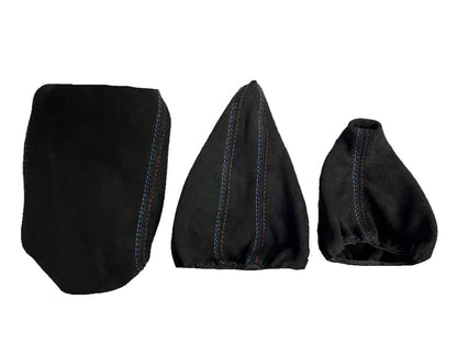 Black genuine suede BMW E36 shift and handbrake console cover with M stitch, designed for 1991-2005 models by JTS Custom Upholstery.