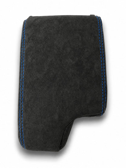 Charcoal black Alcantara BMW E36 E46 console armrest cover, custom upholstery for center console lid, fits 1994-2006 models.