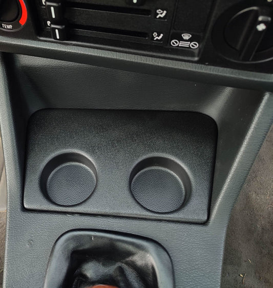 BMW E30 Modern Cup Holder V2 by K2 Industries, interior car accessory with sleek design, fits seamlessly in BMW E30 interior.