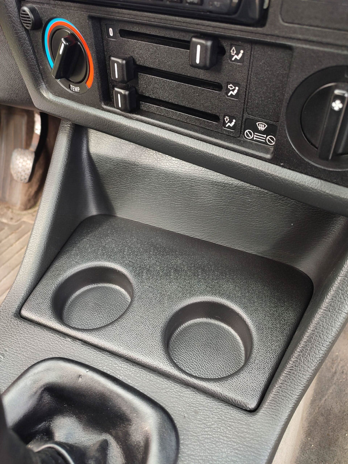 BMW E30 Modern Cup Holder V2 by K2 Industries, interior car accessory, showing sleek design and fitment for E30 BMW models.