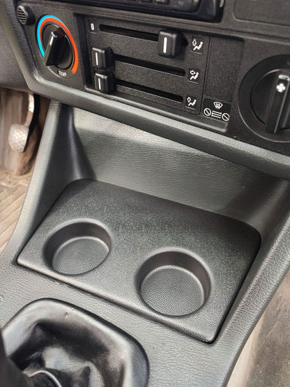BMW E30 Modern Cup Holder V2 by K2 Industries, interior car accessory, showing sleek design and fitment for E30 BMW models.