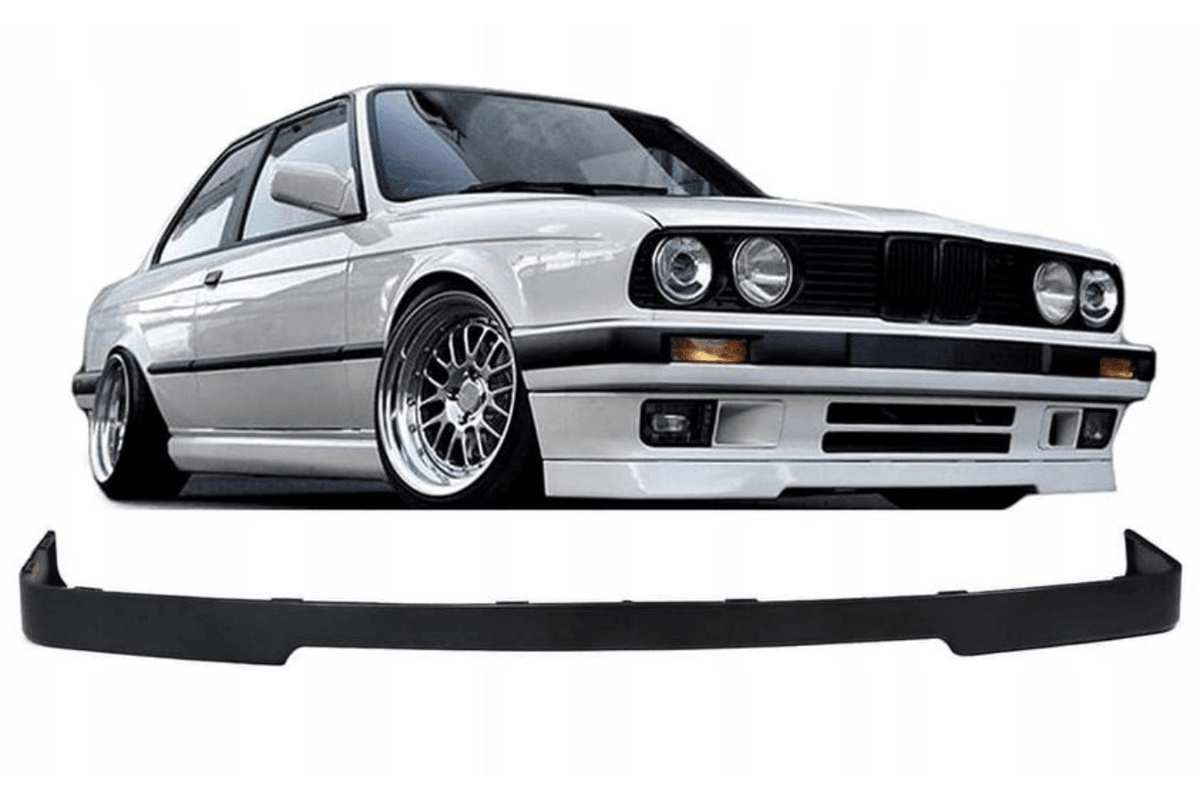 BMW E30 Series 3 IS Style front lip by K2 Industries, aftermarket car accessory for 1984-1991 model, shown in black finish.