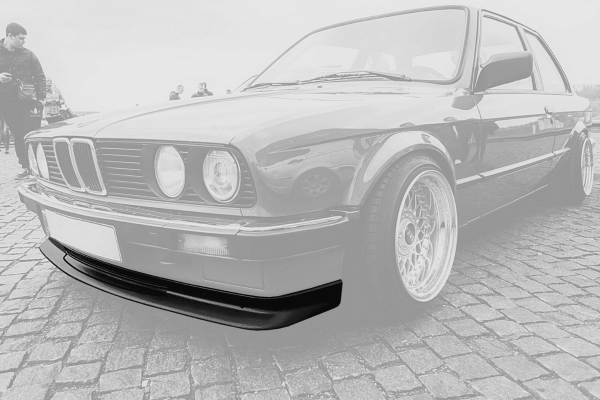 BMW E30 Series 3 Jimmy Hill Style Front Lip by K2 Industries, showing the sleek front lip design on a 1984-1991 model.