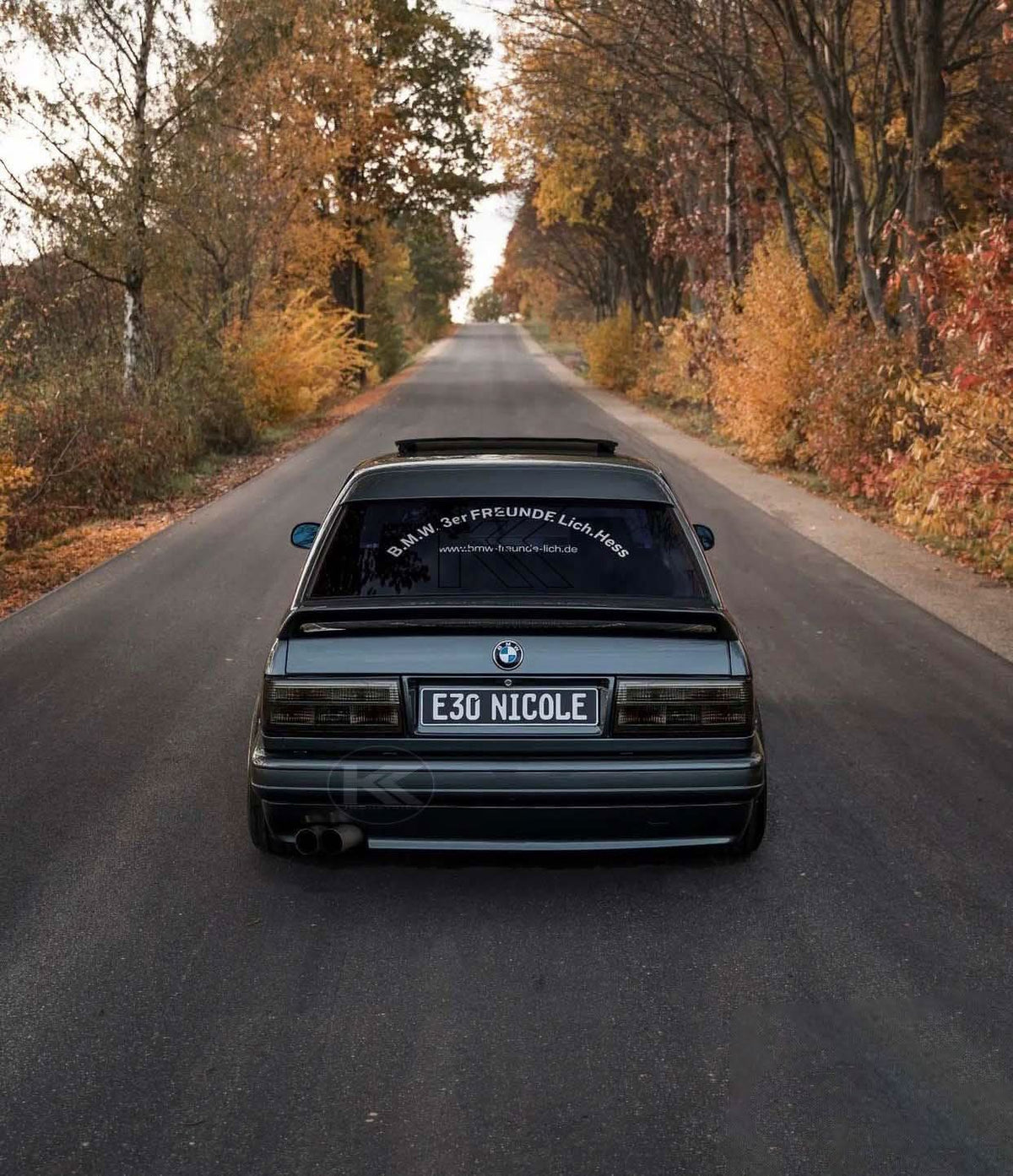 BMW E30 Series 3 pre-facelift clear and smoke LED tail lights by K2 Industries, showing front and side views for 1982-1987 models.