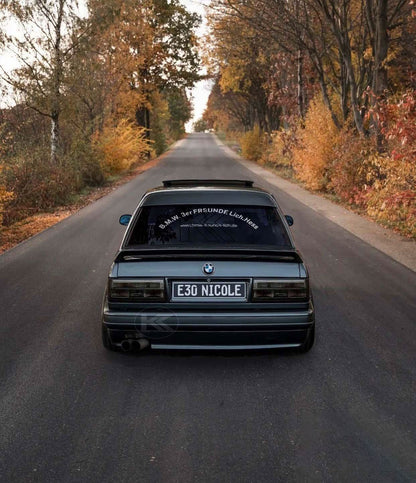 BMW E30 Series 3 pre-facelift clear and smoke LED tail lights by K2 Industries, showing front and side views for 1982-1987 models.