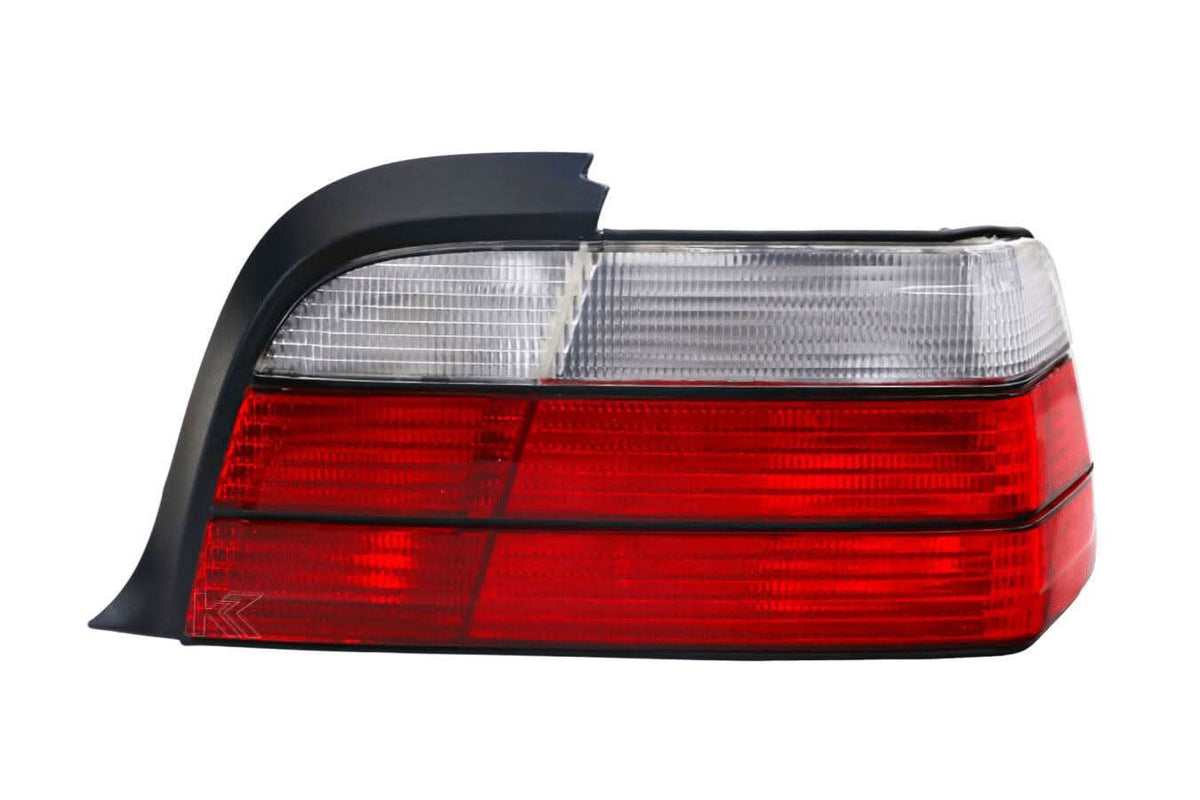 BMW E36 2D/Cabrio tail lights by K2 Industries, for models 1992-1999, showing clear lens and red and amber sections.