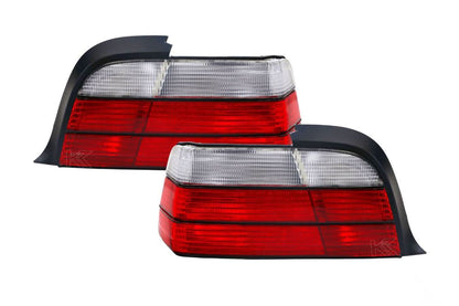 BMW E36 2D/Cabrio tail lights by K2 Industries, rear view showing red and clear lens design for 1992-1999 models.