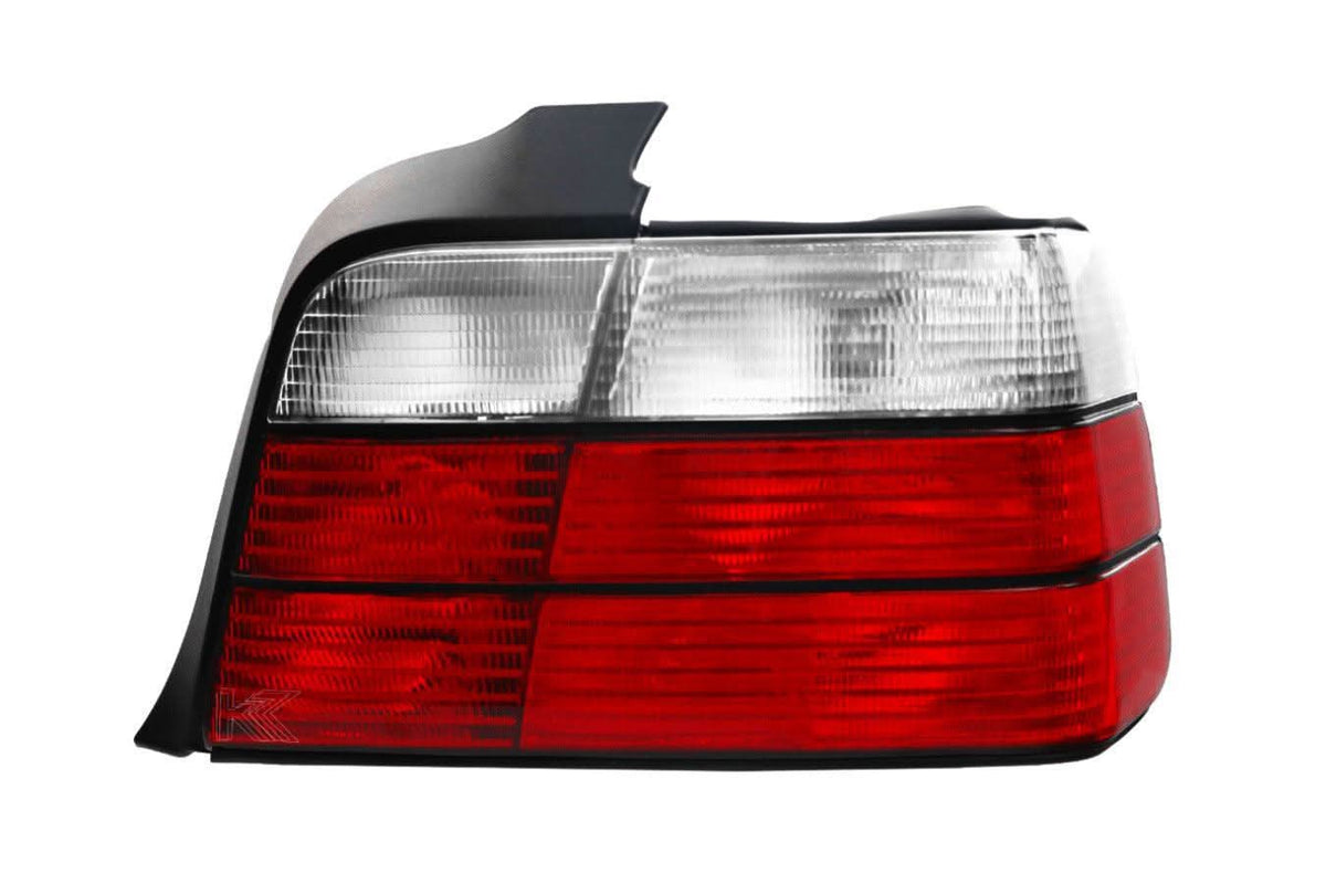 BMW E36 4-door tail lights by K2 Industries, showing the red and clear lens design for 1992-1999 models.