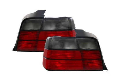 BMW E36 4-door tail lights by K2 Industries for 1992-1999 model, showing red and clear lens sections on the car's rear.