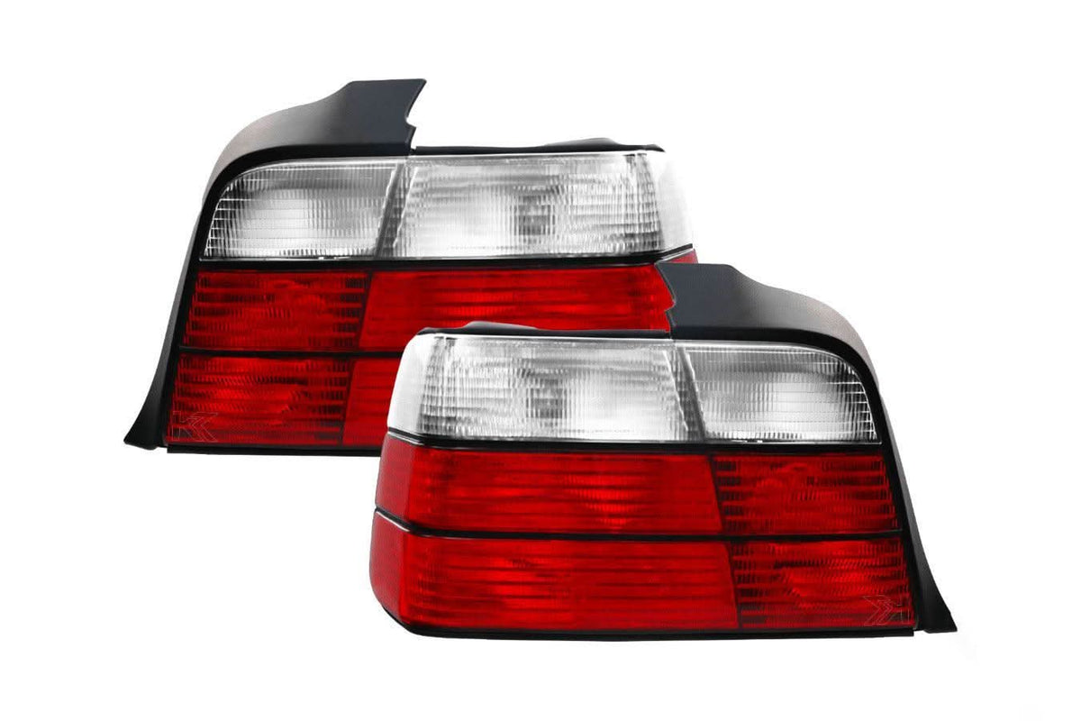 BMW E36 4-door tail lights by K2 Industries, showing the red and clear lens design for 1992-1999 models.