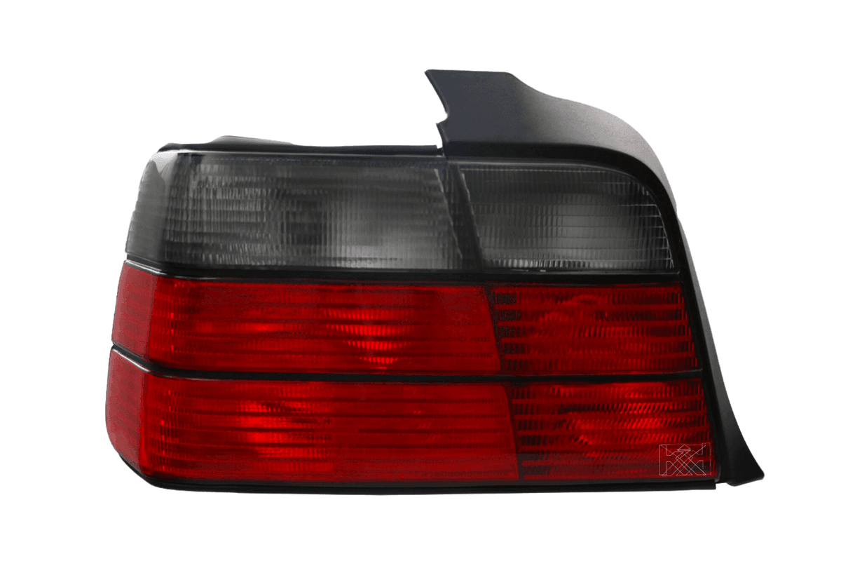 BMW E36 4-door tail lights by K2 Industries, showing the sleek red and clear lens design for 1992-1999 models.