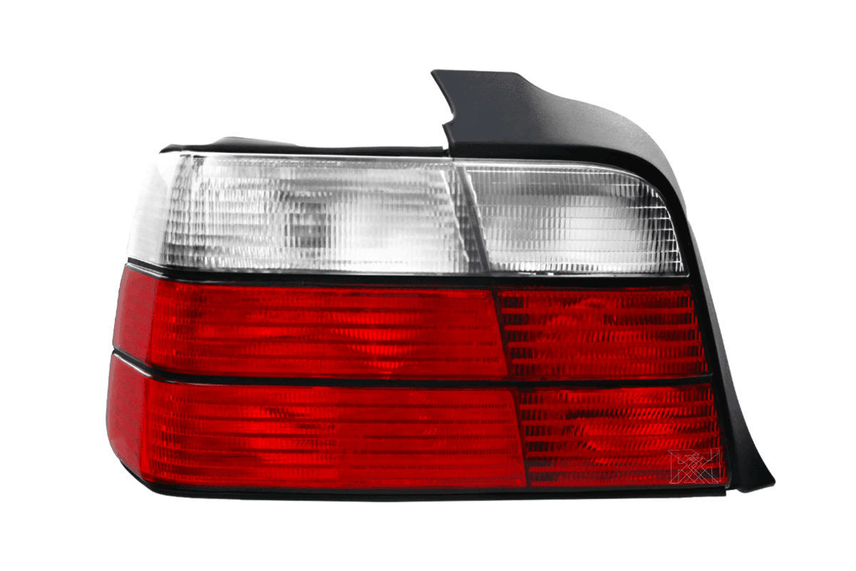 BMW E36 4-door tail lights by K2 Industries, showing the red and clear lens design for 1992-1999 models.