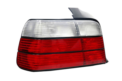 BMW E36 4-door tail lights by K2 Industries, featuring clear lenses and red and white sections for 1992-1999 models.
