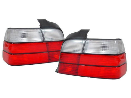 BMW E36 4-door tail lights by K2 Industries, featuring clear and red lens sections for 1992-1999 models.