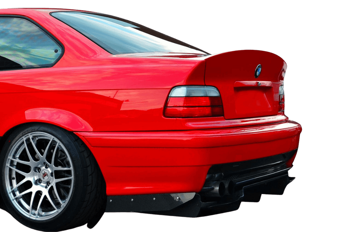 BMW E36 Coupe Series 3 M3 CSL-inspired ducktail trunk spoiler by K2 Industries, designed for 1990-1999 BMW E36 models.