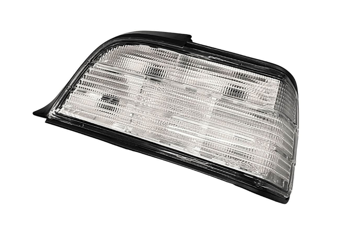 BMW E36 coupe and convertible clear tail lights by K2 Industries, custom V3 design for 1992-1999 models, showing the sleek tail light assembly.