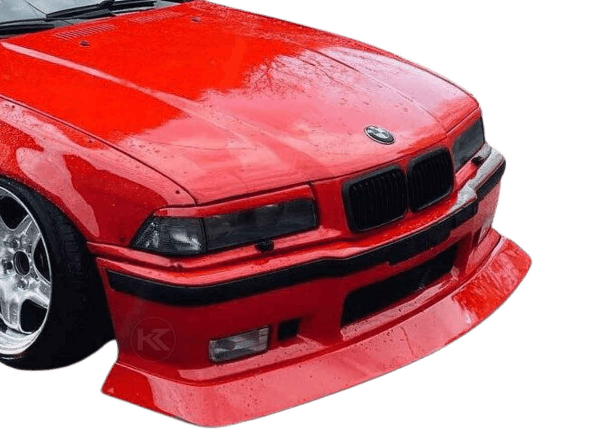 BMW E36 JDM Style Front Lip V2 by K2 Industries, close-up of the black aerodynamic front lip for 1992-1999 BMW E36.